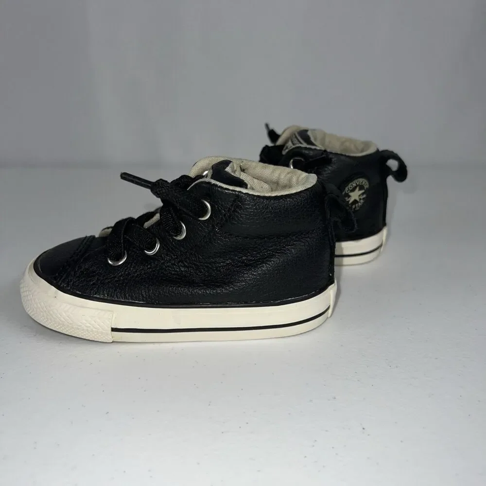 Converse Infant Black Leather High Top No Tie Sneakers Unisex Size 5